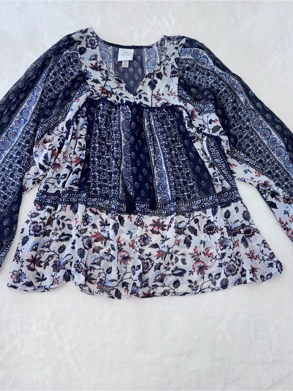Knox Rose Navy and White Floral Peasant Blouse